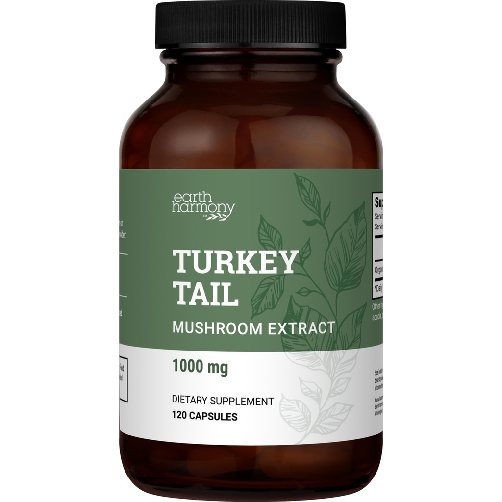 Earth Harmony Organic Turkey Tail Mushroom Capsules (1000mg Pure Extract) - Superfood Mushroom Supplement Helps Support Brain Health - Premium Powder Extract - 120 Capsules (2-Month Supply)