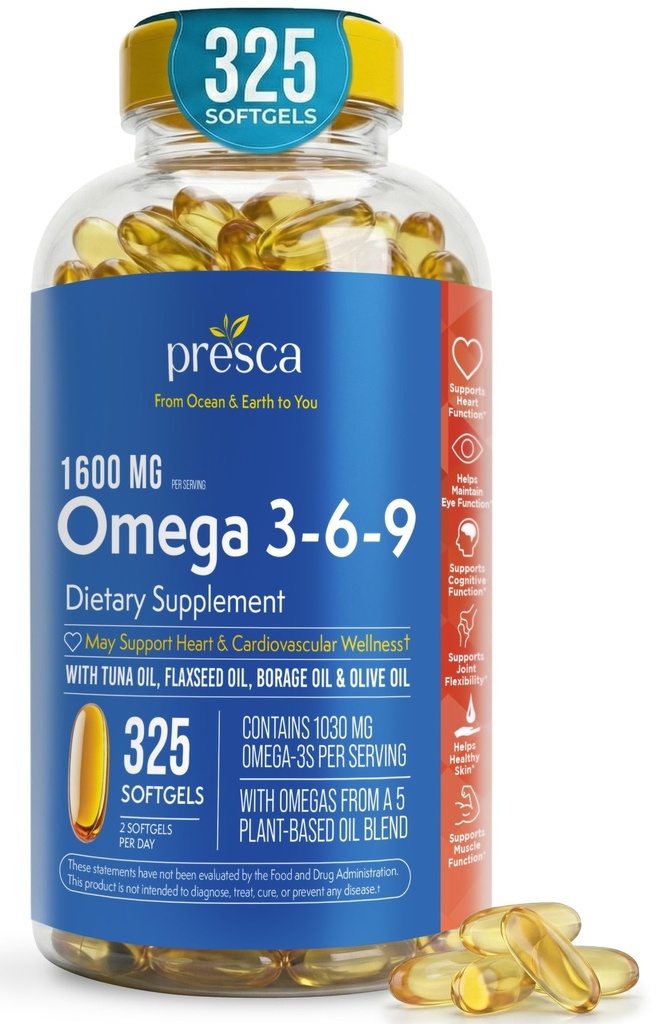 Omega 3-6-9 Dieetsupplement (325 ct.) - Visuele functie en ooggezondheid bevorderen - Ondersteuning Hart-, hart- en vaatziekten, gezonde huid, haar en algehele gezondheid (Omega 3-6-9)