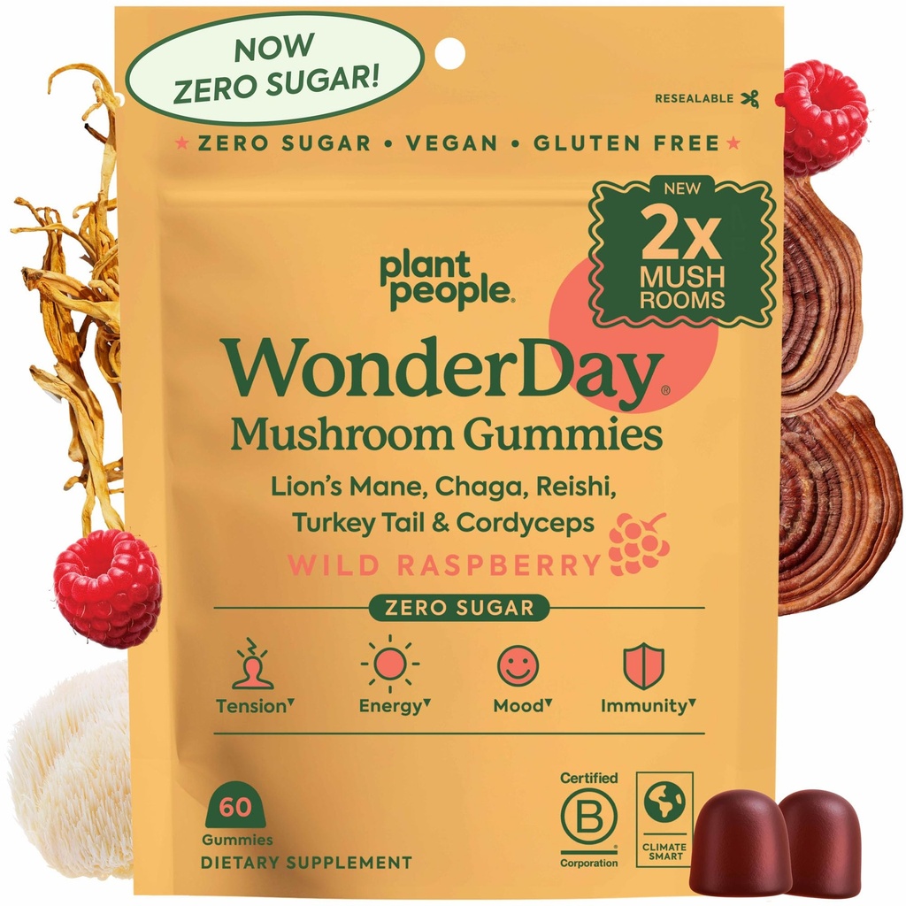WonderDay Extra Strength Mushroom Gummies – Sugar Free Lion’s Mane, Cordyceps, Reishi & Chaga Supplement for Adults – Mood Boost, Energy, Focus, Immune Support & Gut Health – Vegan, Non-GMO (60 Count)