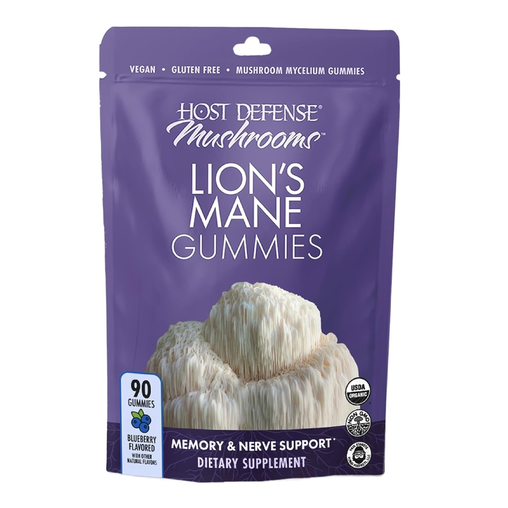 Host Defense Mushrooms Lion's Mane Gummies - Brain Health Support - Mushroom Supplement to Support Focus & Memory Function - Immune & Nervous System Support - Blueberry, 90 Gummies*
