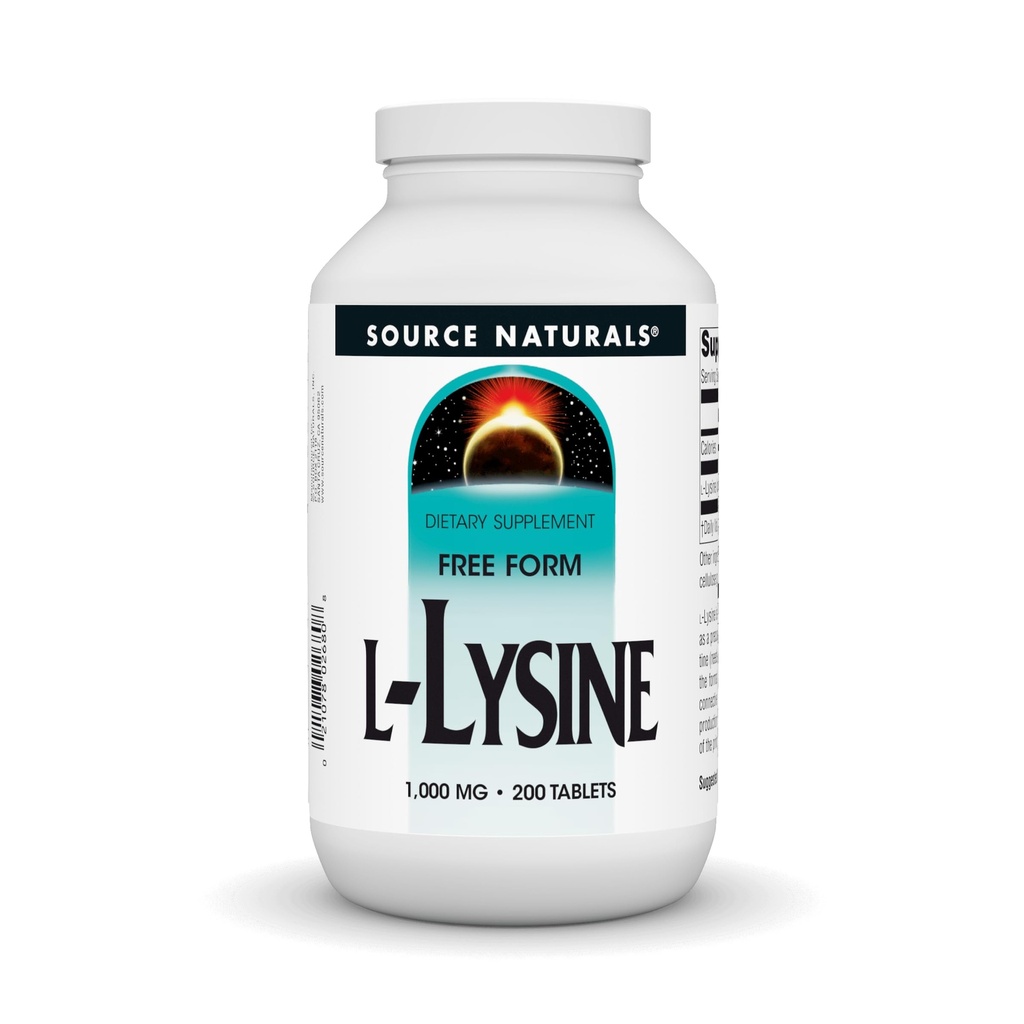 Bron Naturals L-Lysine Free Form, 1000 mg - Aminozuur supplement ondersteunt energievorming & collageen - 200 tabletten