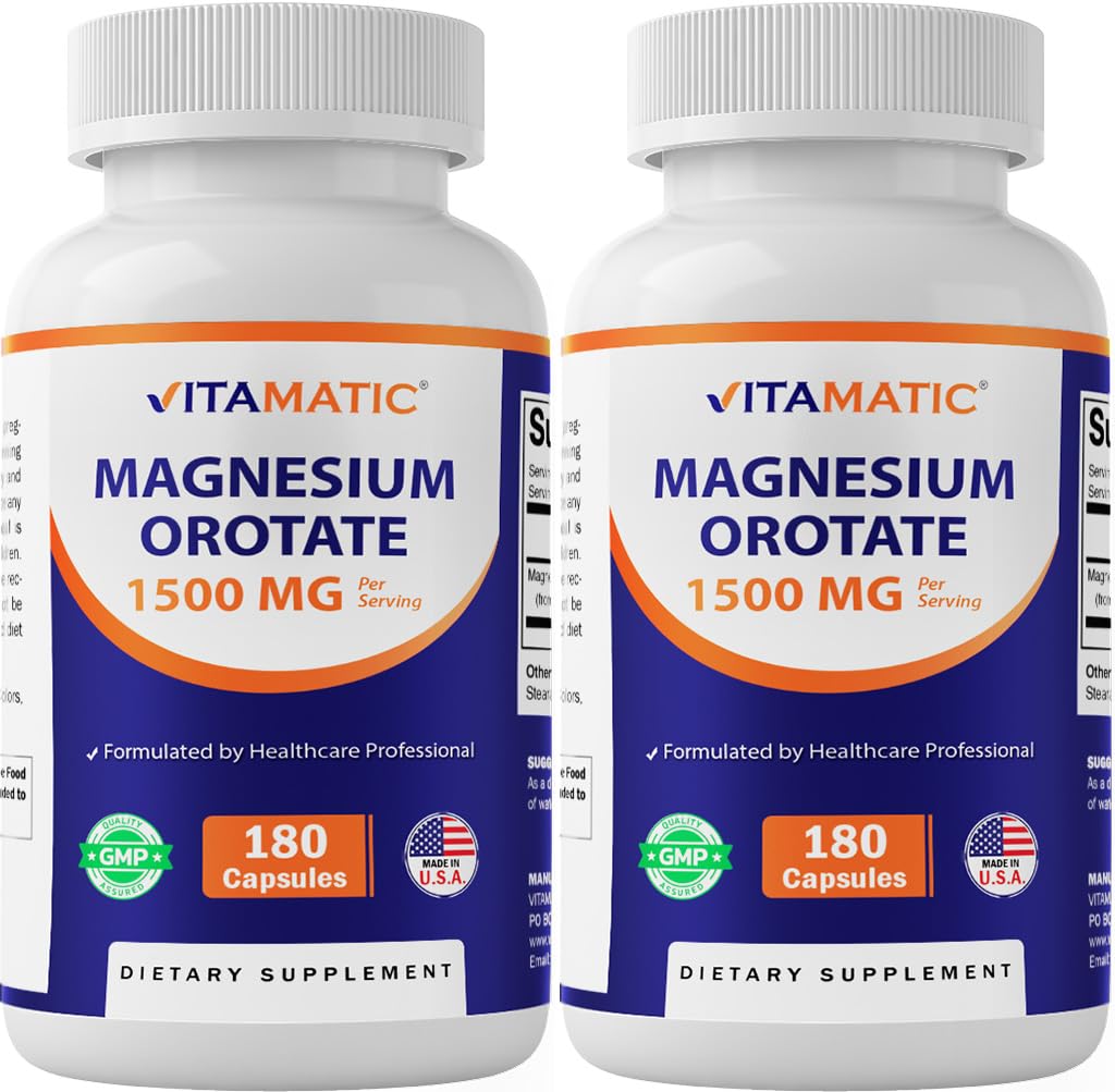 Vitamatic Magnesium Orotate Supplement – 1500mg per Serving, 180 Capsules – Supports Muscle, Nerve and Heart Health - Non-GMO, Gluten Free - 2 Pack