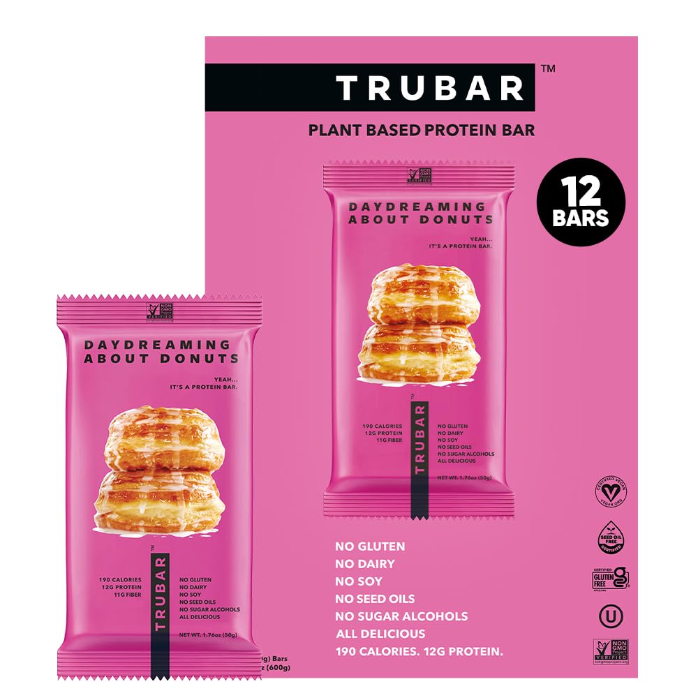 TRUBAR Vegan Protein Bar, Daydreaming About Donuts, Gluten Free, Plant Based, High Fiber, Dairy Free, Non GMO, Low Fat, No Sugar Alcohols, 12G Lean Protein, 13G Fiber, Healthy Snack Bars, 12 CT