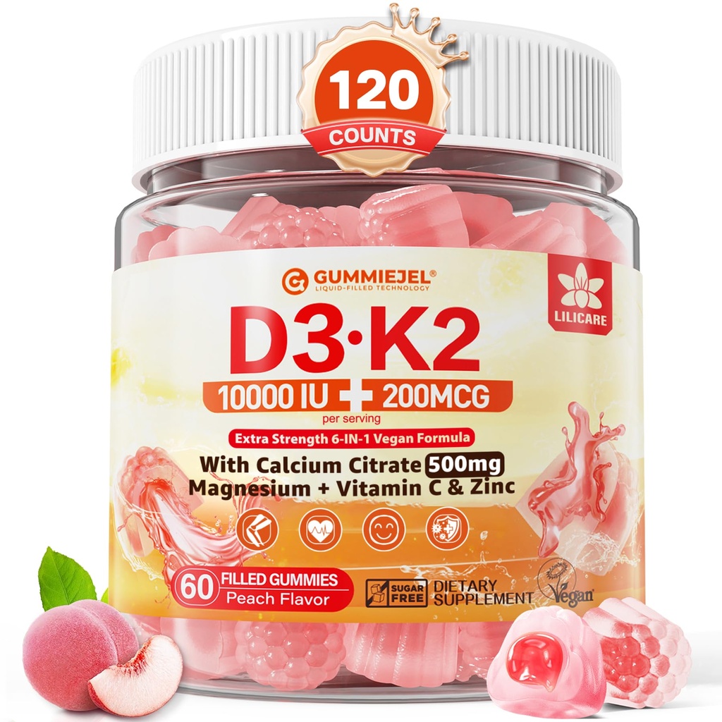 Vitamine D3 K2 Gevulde Gummies 5000IU / 10.000 IE met 500mg Calcium + K2(MK-7) 200mcg, Magnesium, Vitamine C & Zink, Extra sterkte - Ultieme absorptie voor botspieren Tanden, Veganistisch -- Verpakking van 2
