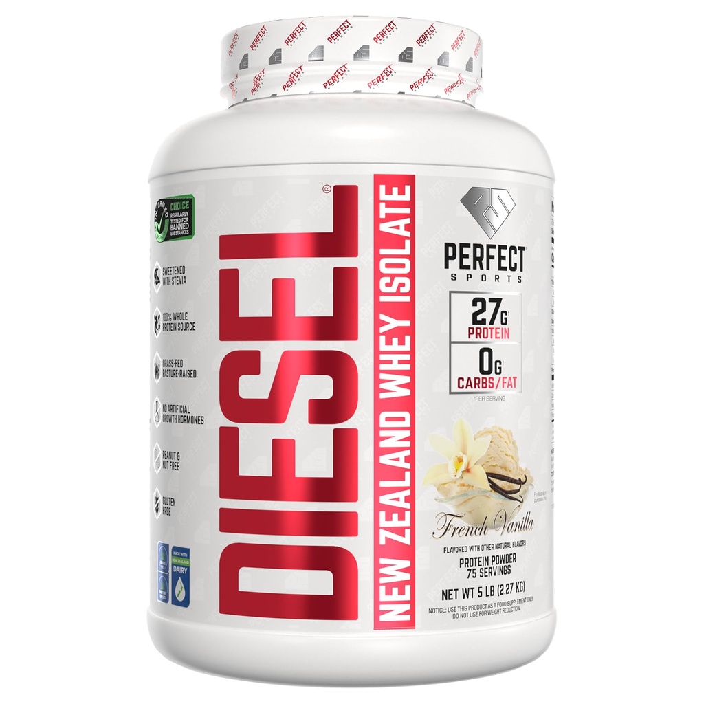 PERFECT SPORTS Diesel 100% New Zealand Whey Protein Isolate | Stevia Sweetened, No Artificial Ingredients, Keto | 0g Carb, 0g Fat, 27g Protein | 5 Pounds (French Vanilla)