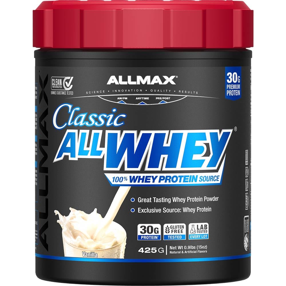 ALLMAX Classic AllWhey Whey Protein Powder, Vanilla, 0.9 lbs – 30g Protein per Scoop, Gluten Free, Low Sugar, High Protein, Supports Muscle Recovery, Lean Muscle & Post Workout for Men & Women