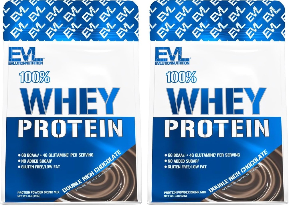 Evlution Nutrition 100% Whey Protein, 25g of Whey Protein, 6g of BCAAs, 4g of Glutamine, Gluten Free (1 LB, Double Rich Chocolate) (Pack of 2)
