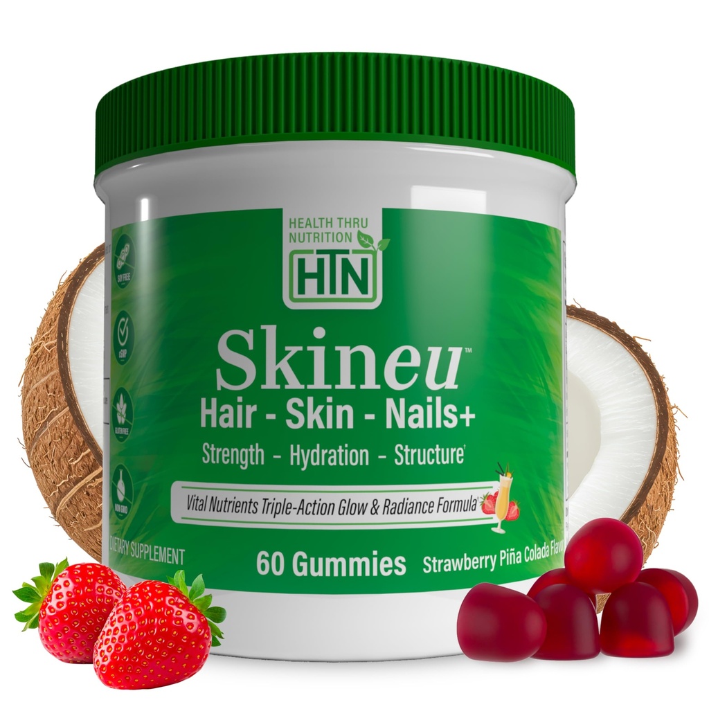 Health Thru Nutrition Skineu Hair, Skin & Nails+ Gummies | Biotin 5000mcg, Hyaluronic Acid, Retinyl Palmitate | Beauty Support - Strength & Hydration | Strawberry Piña Colada Flavor | 60 Gummies