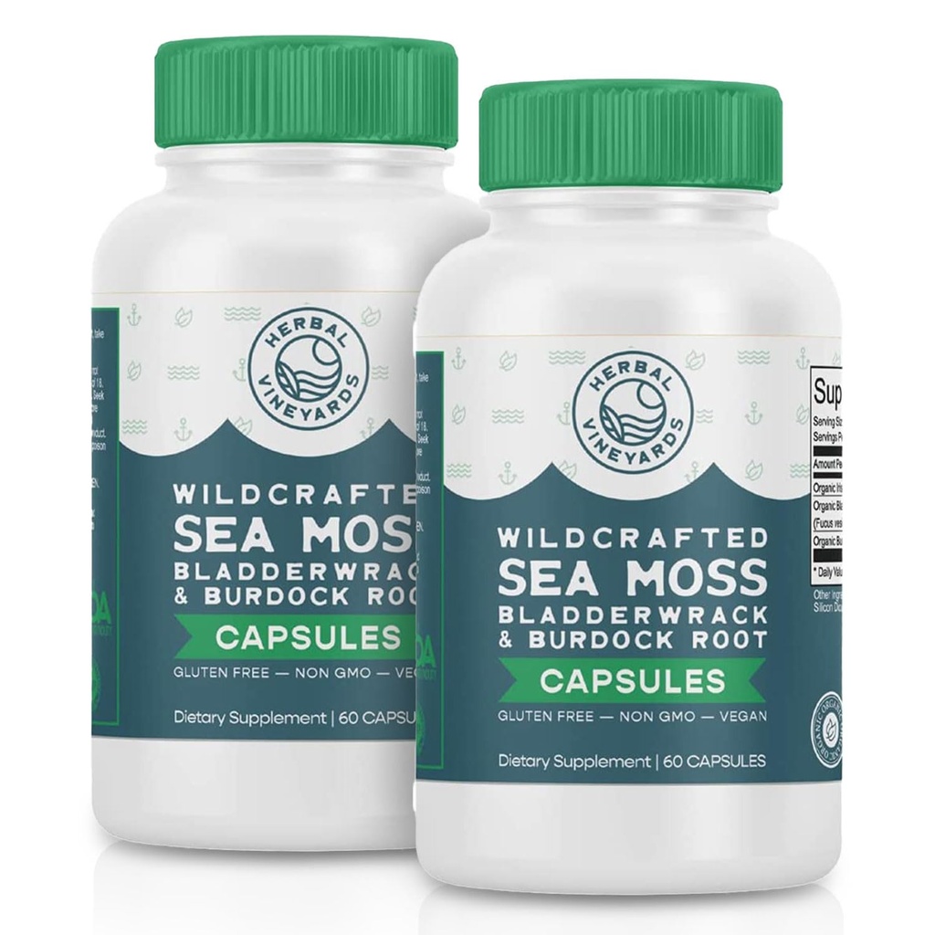 Herbal Vineyards Organic Wildcrafted Vegetable 60 Capsules | 1500MG | Pack of 2 | Irish Sea Moss, Bladderwrack and Burdock Root, Immune Support, Healthy Skin & Energy | Powerful Immunity Booster