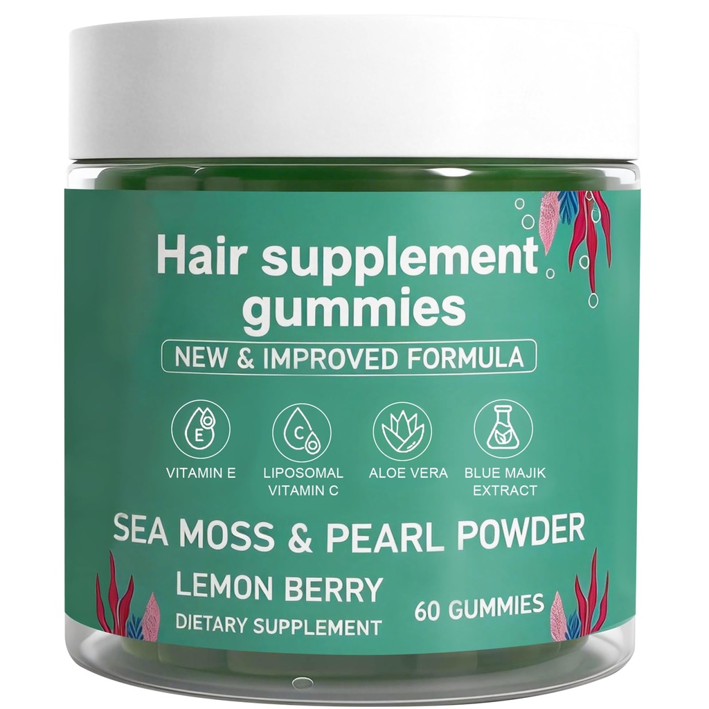 Sea Moss Gummies for Hair Loss，Hair Loss Gummies with Organic Sea Moss，Pearl Powder & Aloe Vera,Vitamin C, Vitamin E, Supports Hair & Skin Wellness Dietary Supplement — 60 Gummies