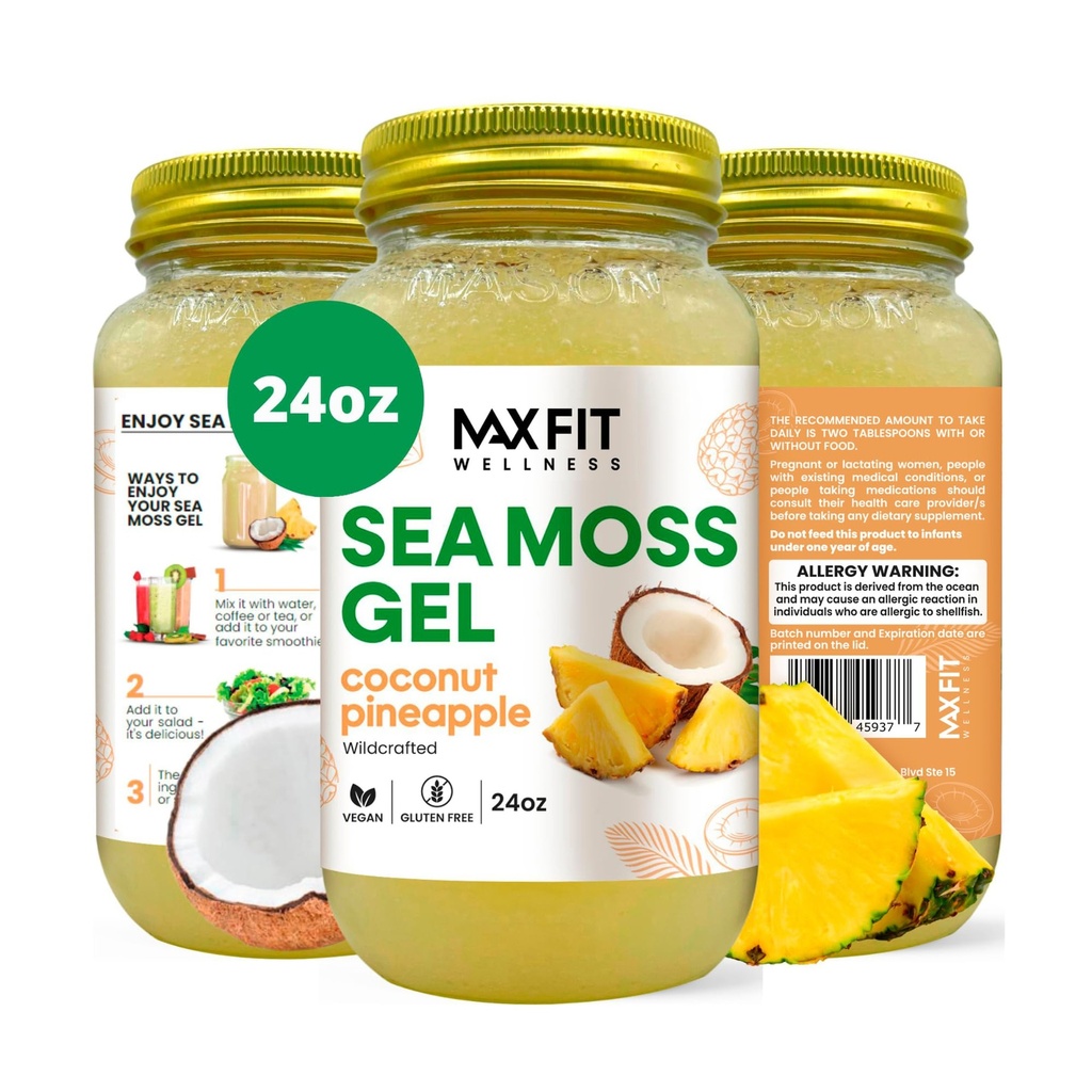 Sea Moss Gel Raw Coconut Pineapple (25 Flavors) 24oz Wildсrafted Gold Sea Moss Gel from Saint Lucia | 92 Vitamins and Minerals | Pure Raw+Non-GMO