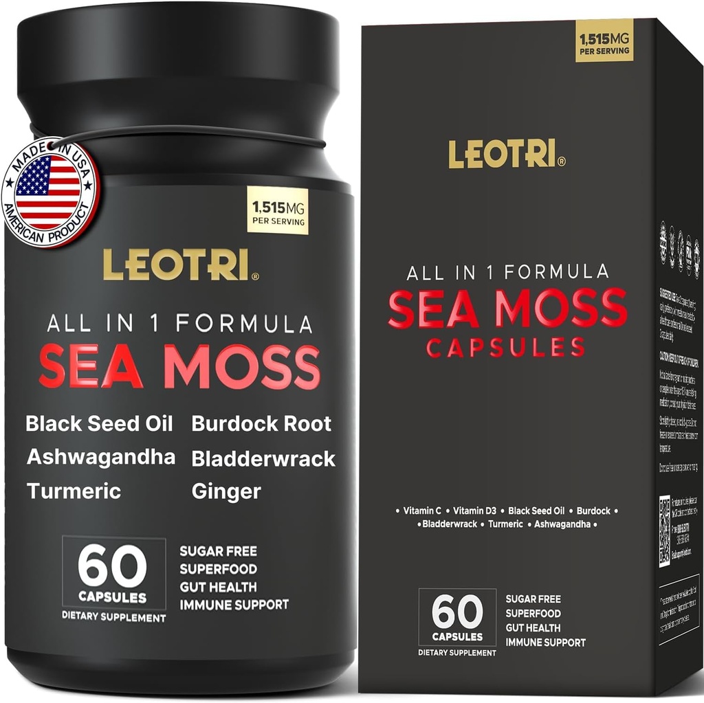 Organic Irish Sea Moss Capsules: Sea Moss 1515mg with Black Seed Oil Ashwagandha Turmeric Bladderwrack Burdock & Vitamin C Vitamin D3 – Gut Health & Immune Support – 60 Vegan Capsules