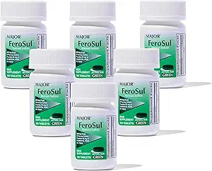Major Ferosul - Ferrous Sulfate 325mg Tablets met 65mg Elemental Iron - Iron Supplement for Women, Men - Green - 100 Tablets (6 Pack)
