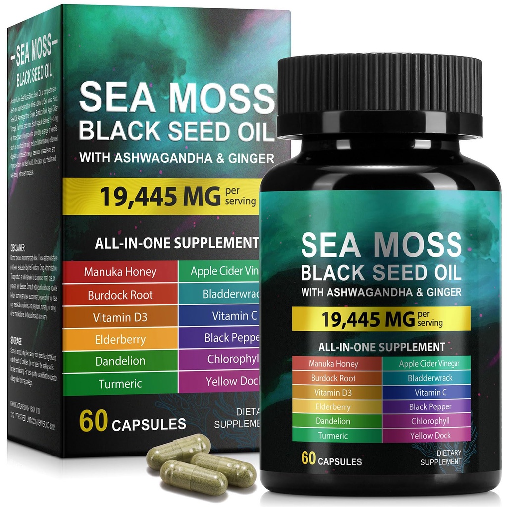 Sea Moss Black Seed Oil Capsules with Ashwagandha Ginger Turmeric Burdock Root Bladderwrack, Daily Wellness Supplement for Energy Balance Digestive Support, 60 Capsules