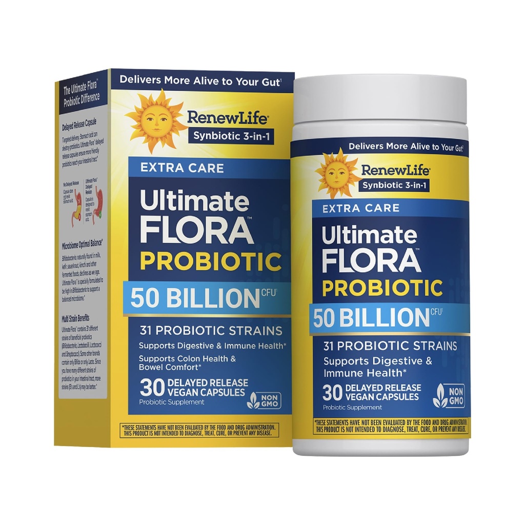 Renew Life Ultimate Flora Probiotic with Prebiotic | 50 Billion CFU | 31 Probiotic Strains | 30 Delayed Release Vegan Capsules | 3-1 Synbiotic | Supports Digestive Health | Dairy, Soy and Gluten Free