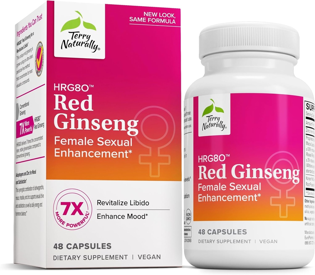 Terry Naturally HRG80 Red Ginseng Female Seksuele Enhancement - Dieetsupplement voor Circulatie, Duurzaamheid en Energie Ondersteuning - Vitaliteit Ondersteuning met Ashwagandha, Red Ginseng & Zink - 48 Capsules