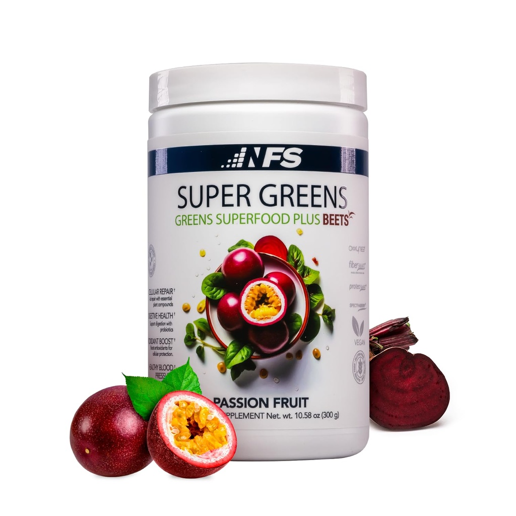 Super Greens Beet Infused Superfood Powder – Organic Green Superfoods, Protein, Antioxidants & Probiotics, Supports Healthy Blood Pressure, Digestion & Energy Boost – (Passion Fruit, 30 Servings)