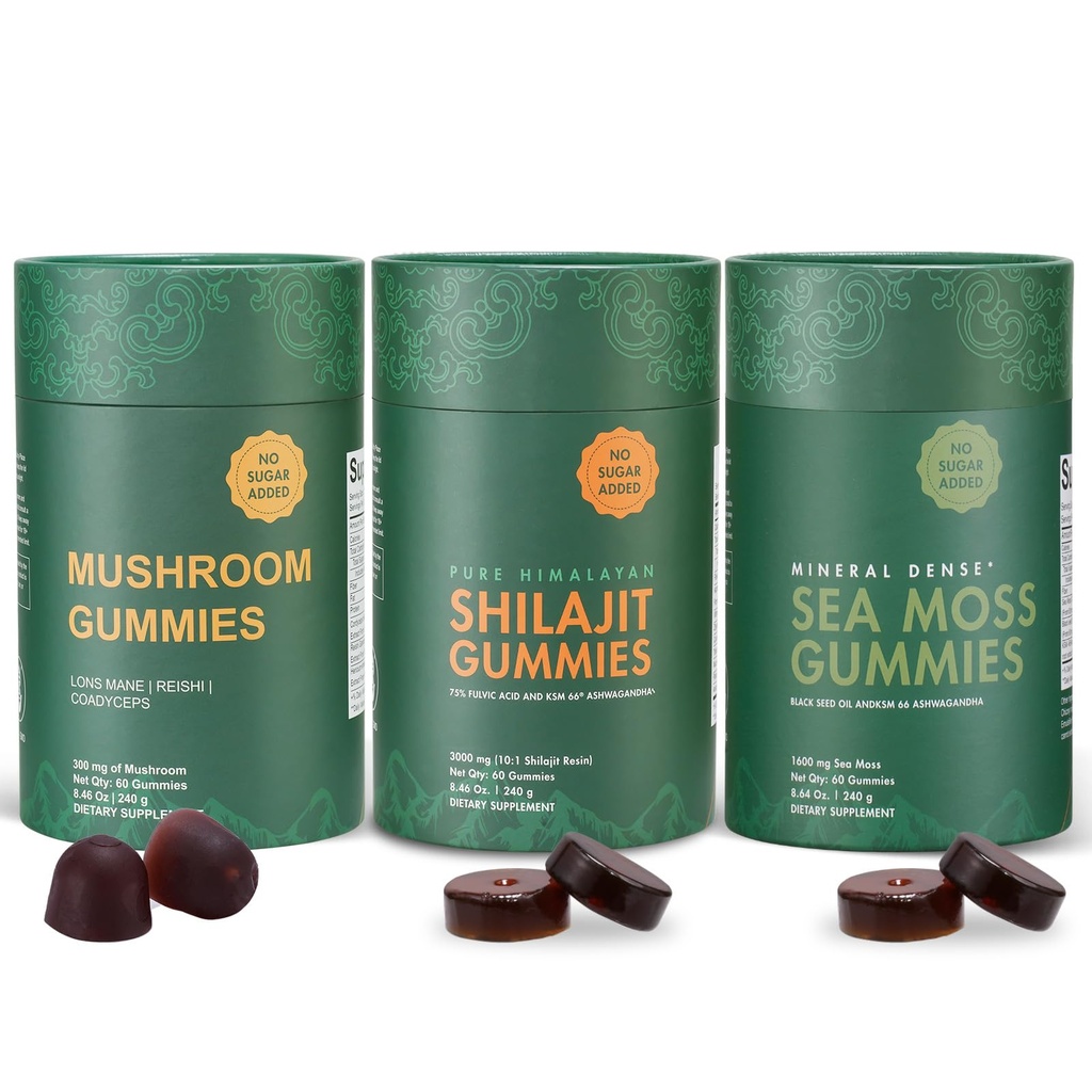 Bundle of Shilajit, Sea Moss & Mushroom Gummies with Lions Mane, Reishi, Cordyceps, Ashwagandha, 75%+ Fulvic Acid, 92+ Minerals All in 1 Supplements (1 Pack)
