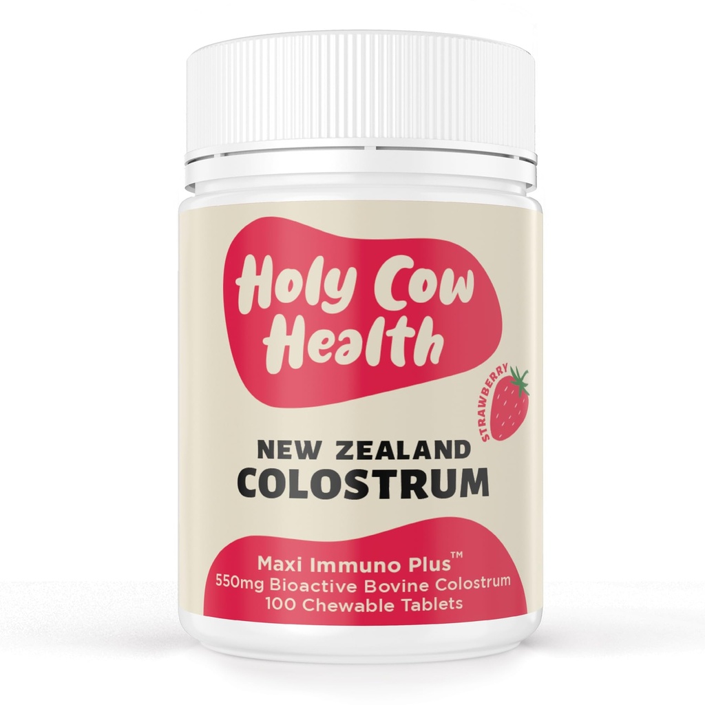 Colostrum Chewable Tablets Highly Bioactive Colostrum - Ethically Sourced from Healthy New Zealand Cows - Supports Gut Health, Immunity + Overall Well-Being (Strawberry Flavor)