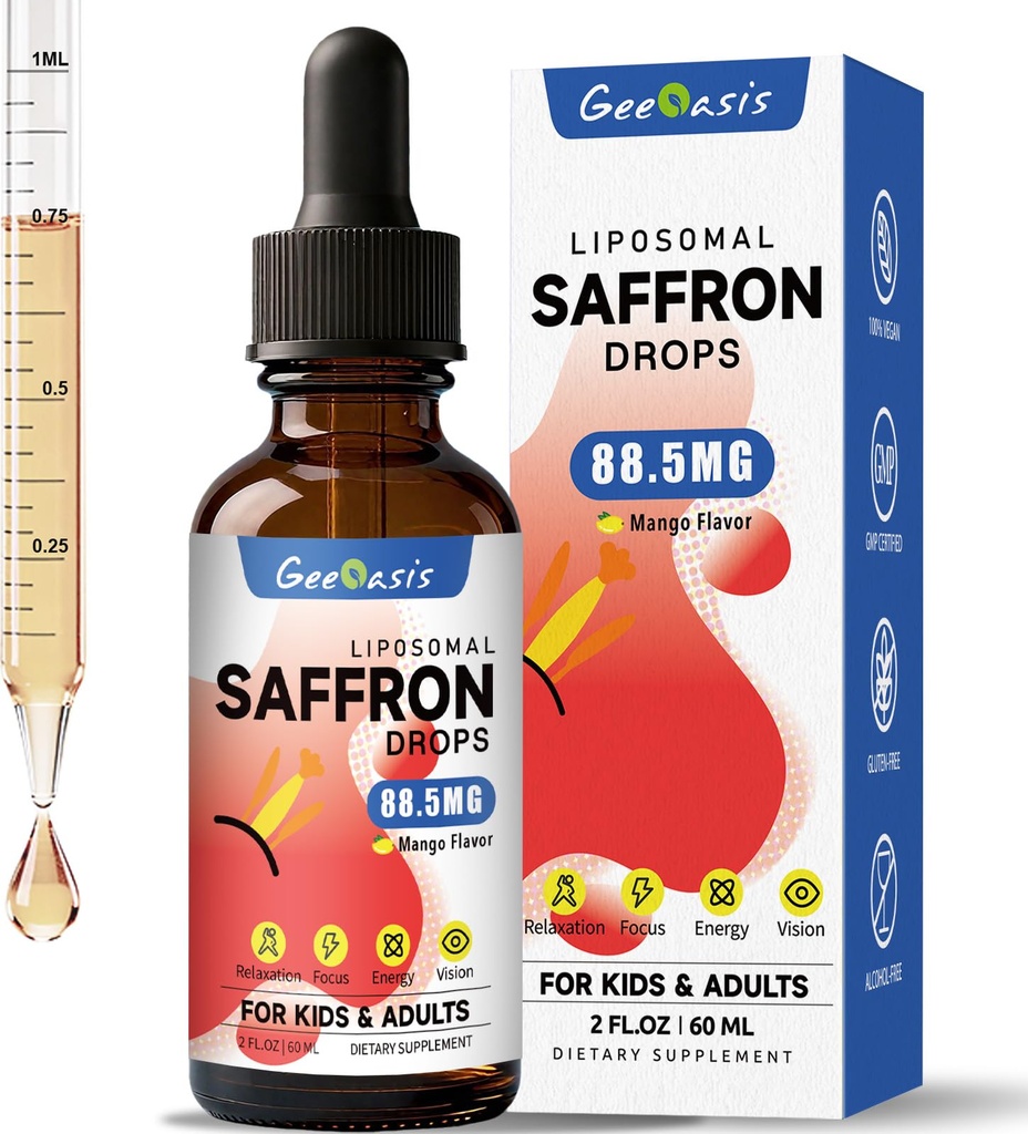 Organic Saffron Extract Liquid Drops, 88.5mg Liposomal Saffron Supplements for Kids & Adults with Holy Basil, Rosemary, Turmeric, L-Theanine, Focus, Stress & Energy Support, Vegan, 2 FL OZ