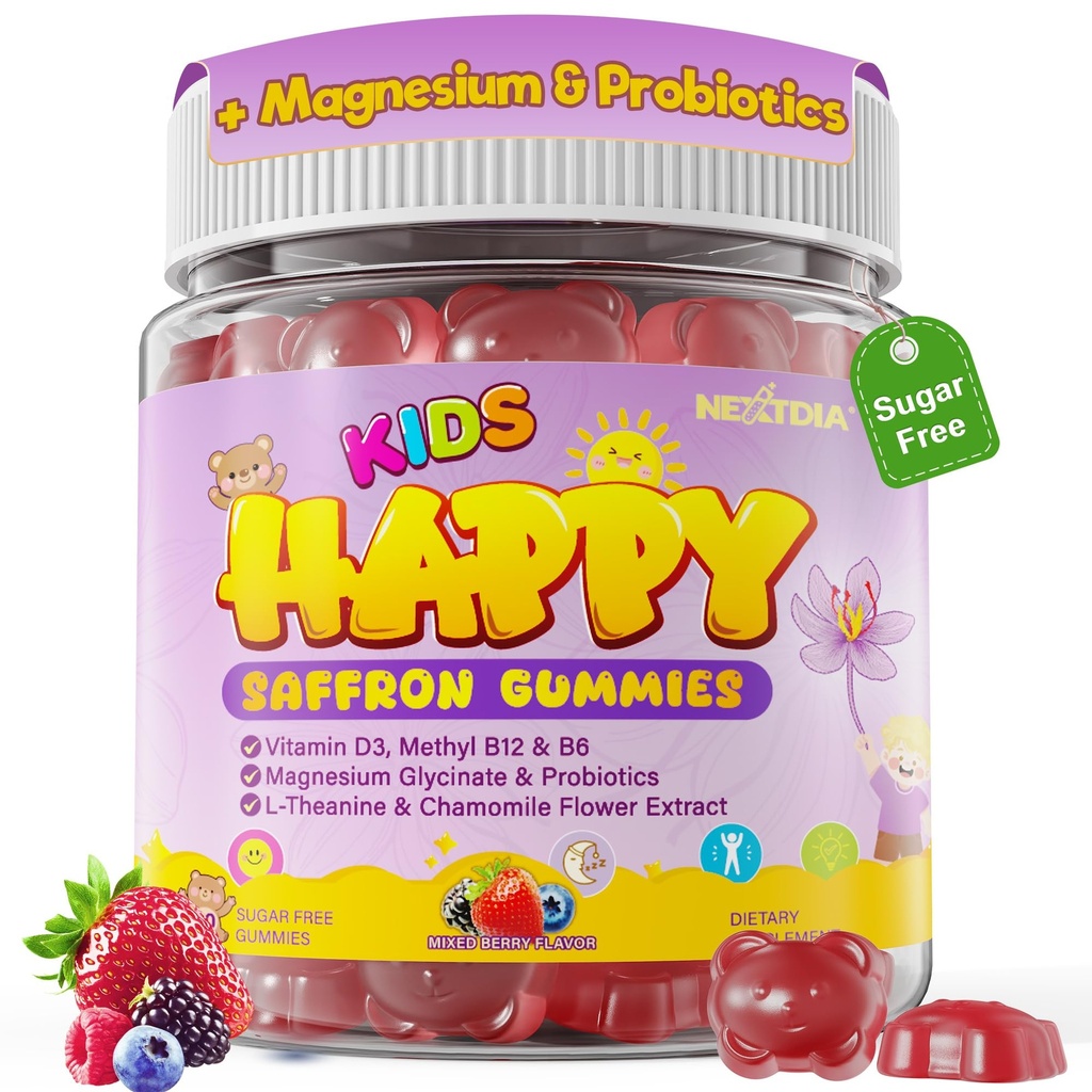 Happy Saffron Gummies for Kids Teen, Organic Saffron + Magnesium Glycinate Supplement with Probiotics, L-Theanine, Chamomile, D3, B6, B12 for Children's Focus & Mood, Calm, Sleep, Sugar Free, 60 Cts