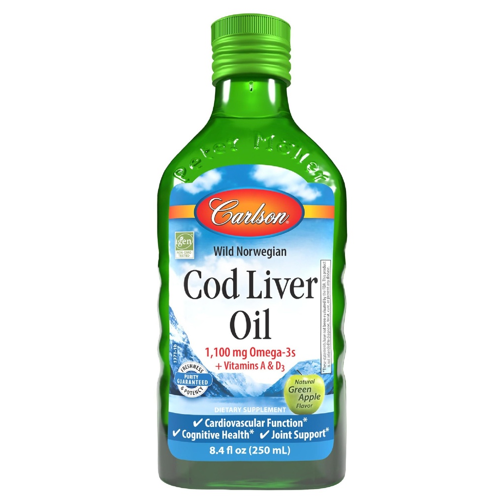 Carlson - Cod Liver Oil, 1100 mg Omega-3s, Plus Vitamins A and D3, Wild Caught Norwegian Arctic Cod Liver Oil, Sustainably Sourced Nordic Fish Oil Liquid, Green Apple, 250 mL (8.4 Fl Oz)