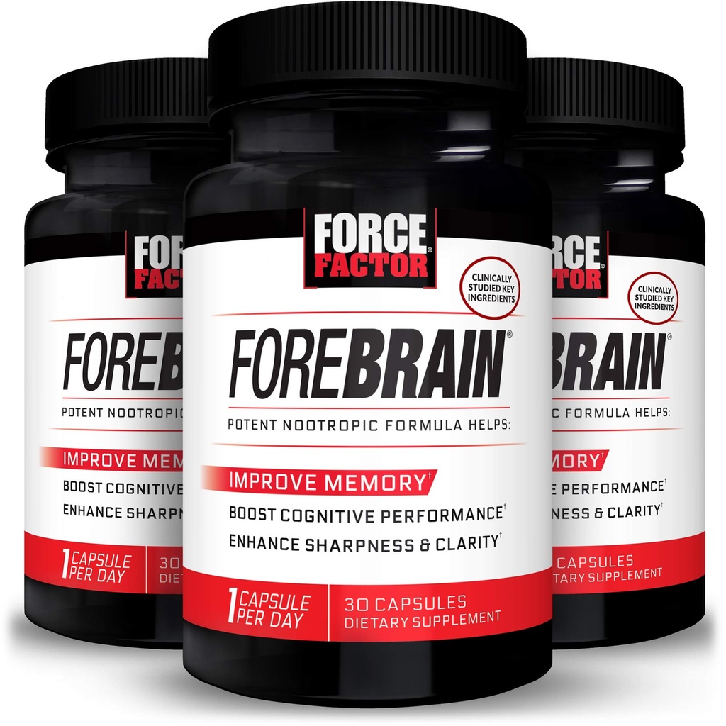 Force Factor Forebrain Nootropic Brain Supplement to Improve Memory, Boost Focus, Increase Mental Energy, and Support Brain Health with Caffeine, Bacopa, and Huperzine A, 90 Capsules (3-Pack)