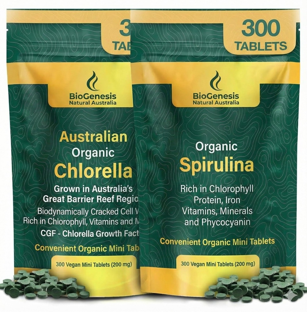 Biogenesis Organic Spirulina & Chlorella Minis Bundle – Easy-to-Swallow Mini Tablets (200mg) – Australian Grown Supergreens – Rich in Phycocyanin & Chlorophyll – 600 Count Supply