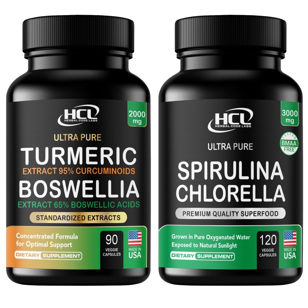 Turmeric Boswellia Extract Supplement 2000 mg + Spirulina Chlorella Powder Capsules 3000 mg of BMAA Free Purest Blue Green Algae