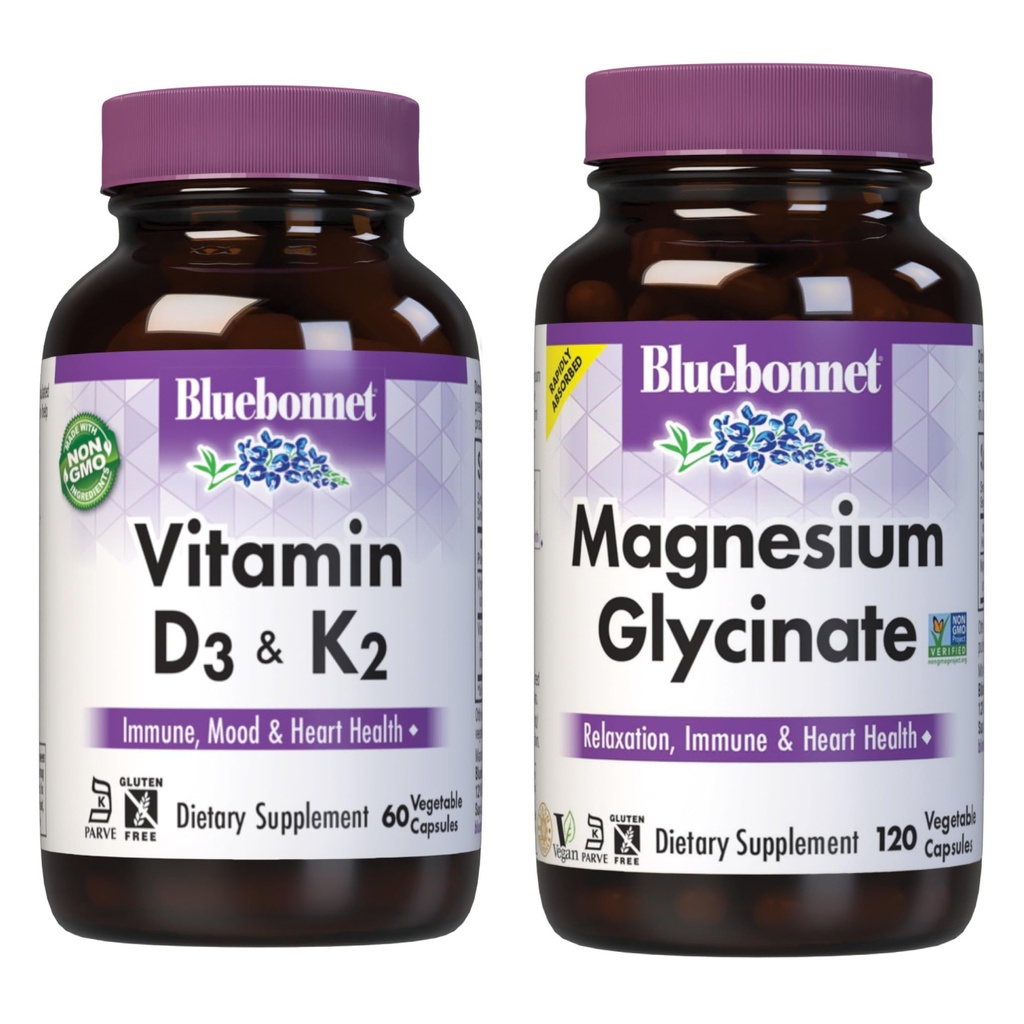 BlueBonnet Nutrition Vitamine D3 en K2, en Magnesium Glycinate plantaardige capsules bundel
