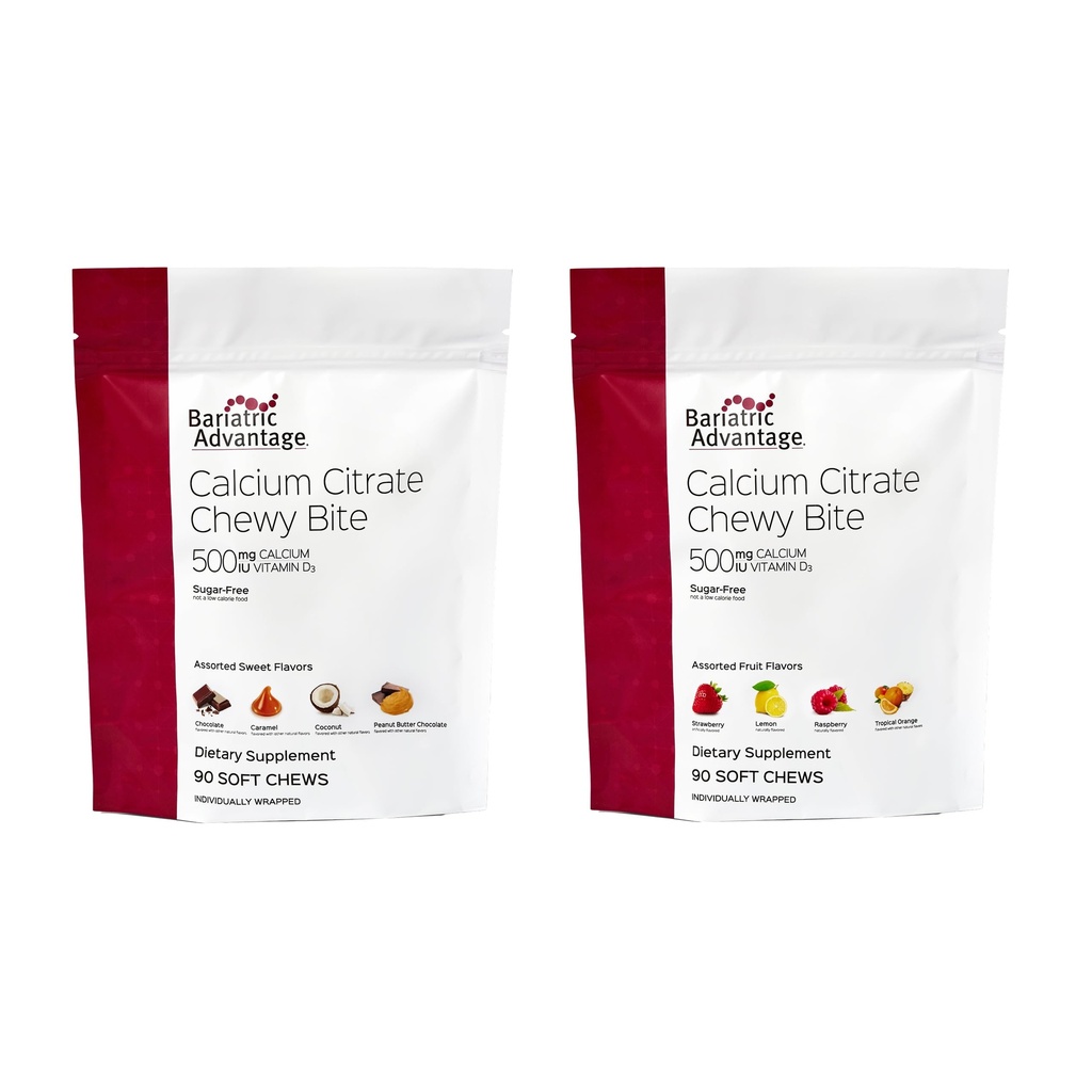 Bariatric Advantage Calcium Citrate Chewy Bites 500mg – Assorted Sweet & Assorted Fruit, 90 Count Each – Highly Absorbable Calcium Citrate with Vitamin D3