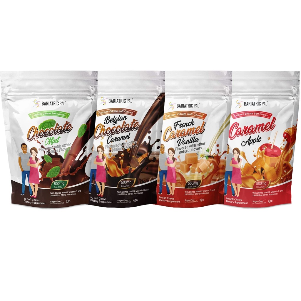 BariatricPal Sugar-Free Calcium Citrate Soft Chews 500mg with Probiotics - Sweet Variety Pack (4 Bags)