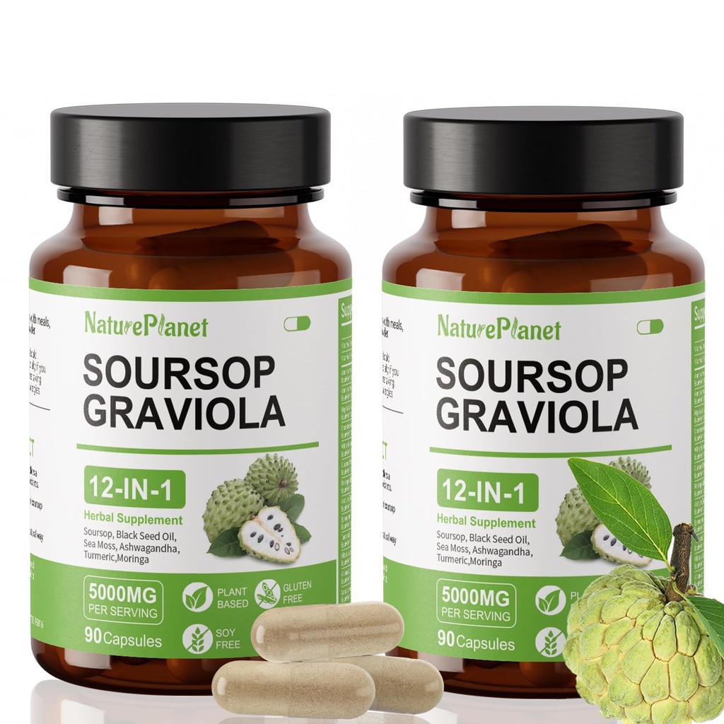 NaturePlanet Soursop Graviola Capsules with Black Seed Oil, Sea Moss, Ashwagandha, Turmeric & Moringa丨12 in 1 Herbal Formula丨Immune Support & Gut health丨Gluten-Free, Non GMO, Vegan (180 Capsules)
