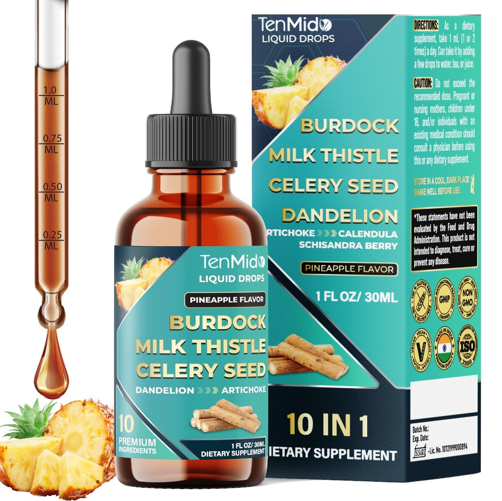 10in1 Burdock Root Tincture - Herbal Extract Liquid Supplement with Milk Thistle, Celery Seed, Dandelion, Artichoke, Schisandra Berry, Calendula, Marshmallow Root, and More - 30ml 1 Fl Oz