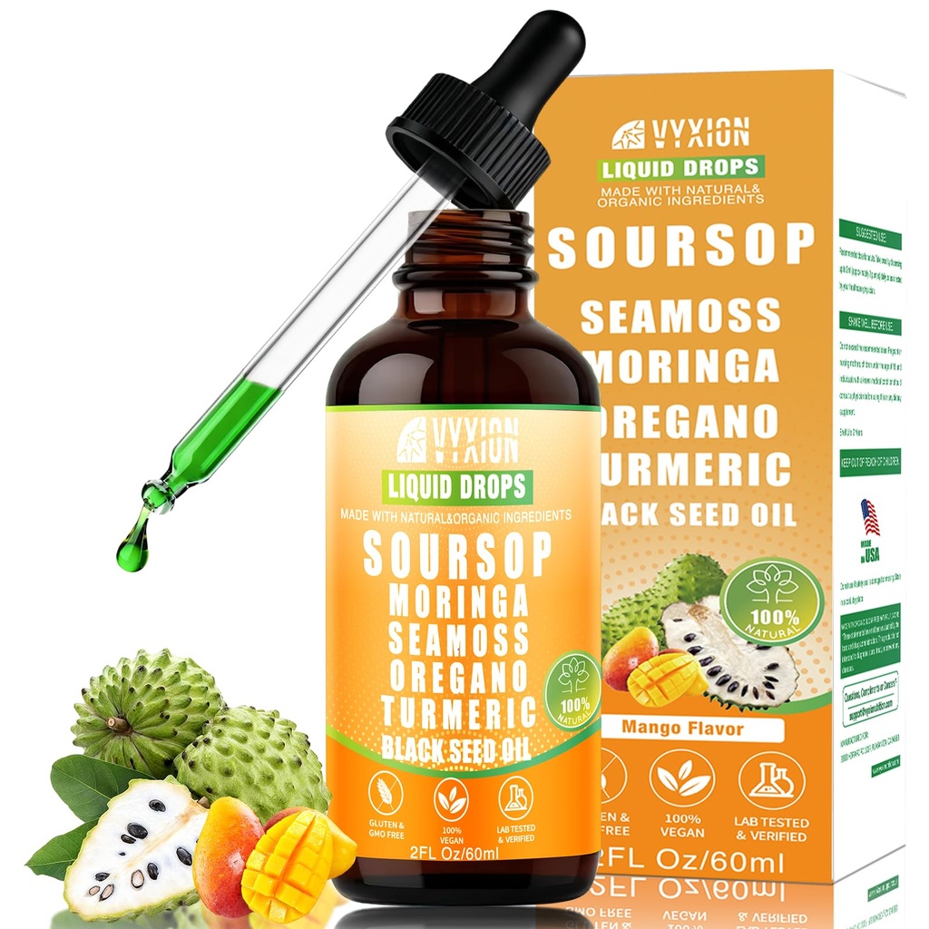 Soursop Bitters Liquid Drops 10 in 1 with Sea Moss, Moringa, Turmeric, Black Seed Oil, Oregano, Ashwagandha | Herbal Extracts for Overall Health-Enhancing | Vegan, Non-GMO | 2 Fl Oz(Mango Flavor)