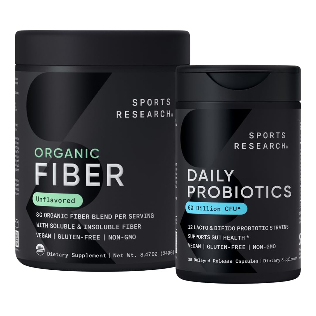 Sports Research® Digestive Regularity Pack - Daily Probiotics 60 Billion CFU + Organic Fiber Powder with Psyllium Husk, Fibriss, and Agave Inulin