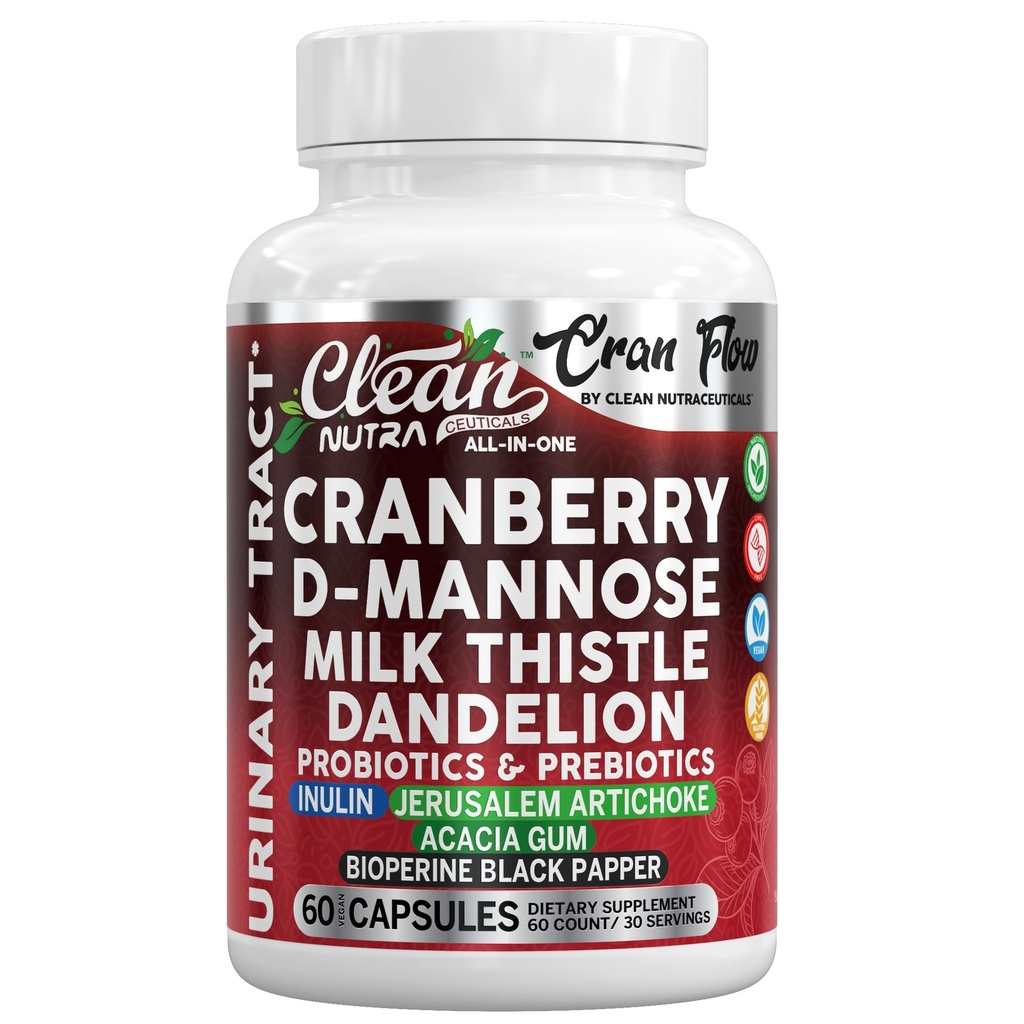 Cran Flow Cranberry Pills for Urinary Health D-Mannose Milk Thistle Dandelion Inulin Vitamin C Prebiotics and Probiotics Bladder Support By Clean Nutra