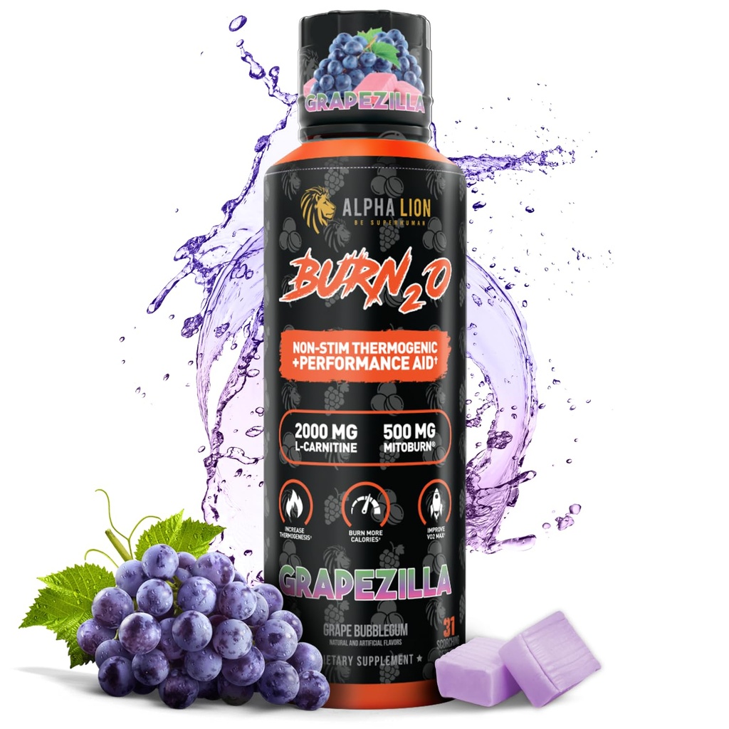 ALPHA LION Burn2O L-Carnitine Liquid 2000mg – Stim Free Super Thermogenic Fat Burner with MitoBurn® & CaloriBurn GP®, Metabolism Booster, Zero Calorie, Sugar-Free (31 Servings, Grapezilla Flavor)