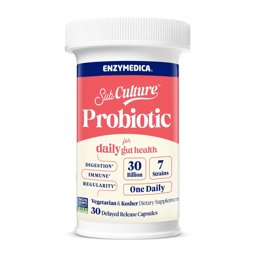 Enzymedica SubCulture Probiotic for Daily Gut & Digestive Health - Probiotic Capsules for Women & Men, 30 Billion CFU, Digestive Nutritional Supplement for Adults, Vegetarian, Non GMO - 30 Caps