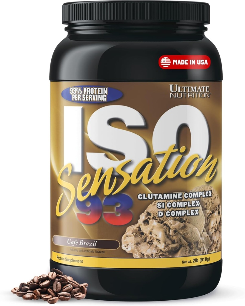 Ultimate Nutrition Wei Protein Isolaat Poeder met Glutamine Complex, ISO Sensation 93 - Wei Proteïne Poeder met Toegevoegd Colostrum voor verbeterd herstel, Immuniteit & Gut Health - Cafe Brazilië, 2lbs