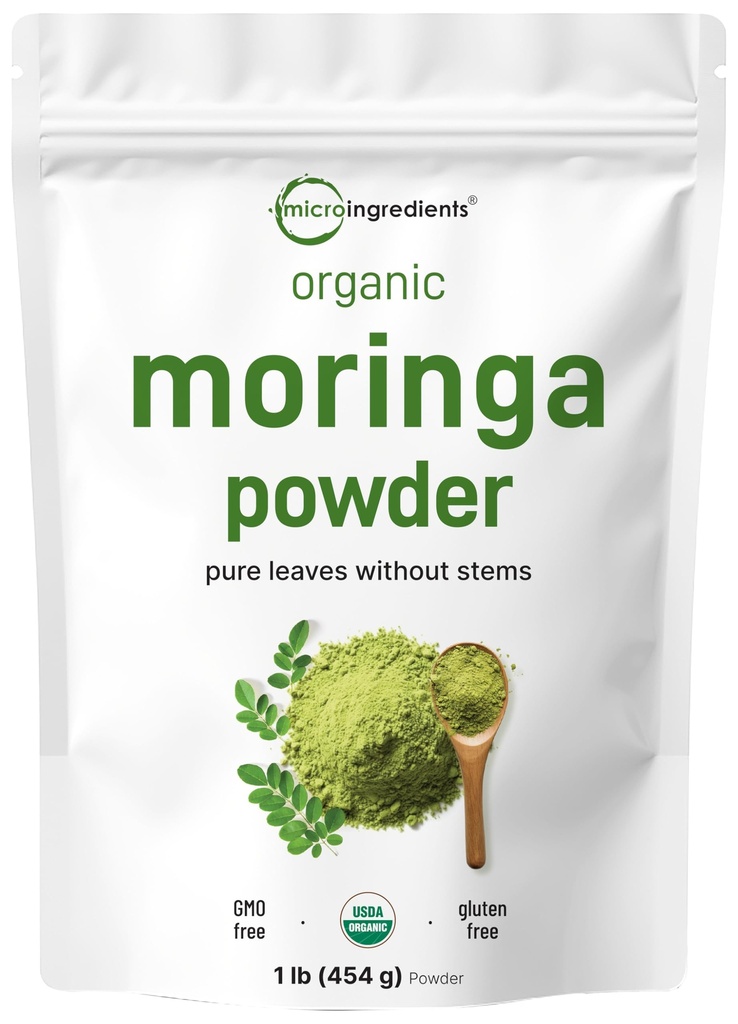 Micro Ingredients Organic Moringa Oleifera Leaf Powder, 1 Pound | Rich in Antioxidants & Immune Vitamins | Pure Leaves Without Stems | Great Superfoods for Tea or Drink | India Grown, Vegan