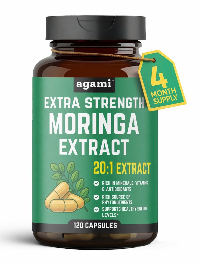 Agami Moringa Capsules | 4 Month Supply | Natural Energy & Joint Support | 400mg 20:1 Extract | Daily Greens Superfood | Moringa Oleifera | Skin Health Support | 120 Capsules