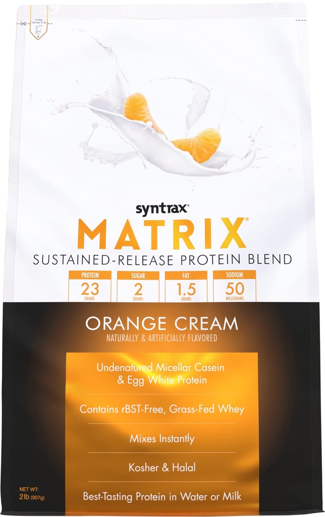 Syntrax Matrix - Sustained-Release Protein Blend, Whey Protein, Micellar Casein, Egg White Protein, Orange Cream, 2 lbs.