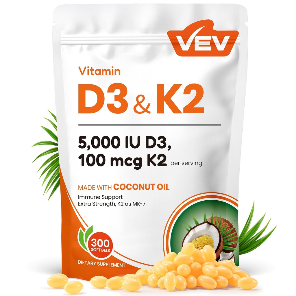 VEV Corefeel Vitamin D3 K2, 5000 IU D3 100mcg K2 (MK 7), 300 Softgels, 2-in-1 Vitamin D & K Supplement with Coconut Oil, Supports Calcium Absorption and Bone Health, Easy to Swallow