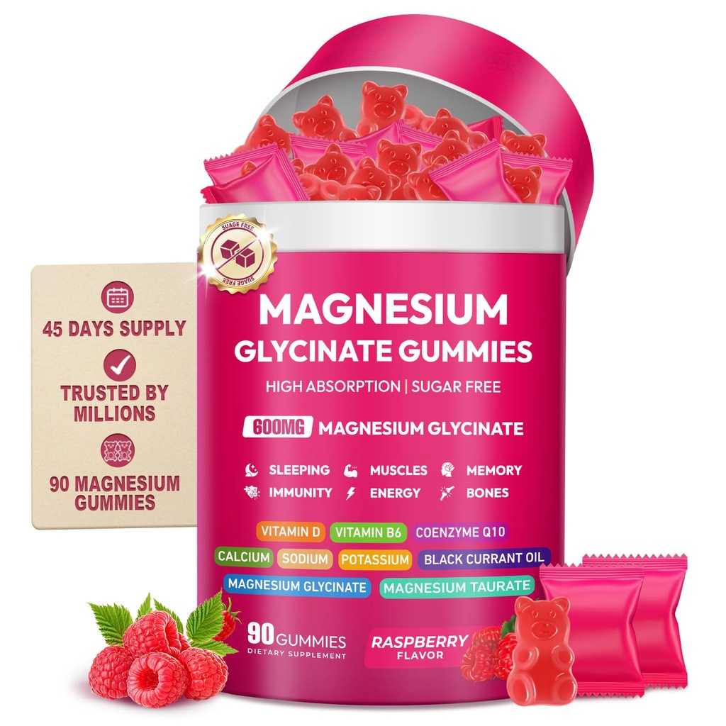 Magnesium Glycinate Gummies 600mg, High Absorption Magnesium Complex, Sugar Free Chewables Gummies with VitaminD & B6, CQ10 for Adults & Kids, Relaxation, Muscle & Zzz Support
