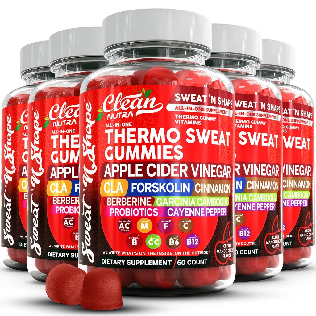 Sweat N' Shape Gummies | Apple Cider Vinegar CLA Forskolin Cinnamon Berberine Garcinia Cambogia Probiotics Cayenne Pepper Vitamin B12 Vitamin A Vitamin C Vitamin D Vitamin B6 Boron By Clean Nutra (5)