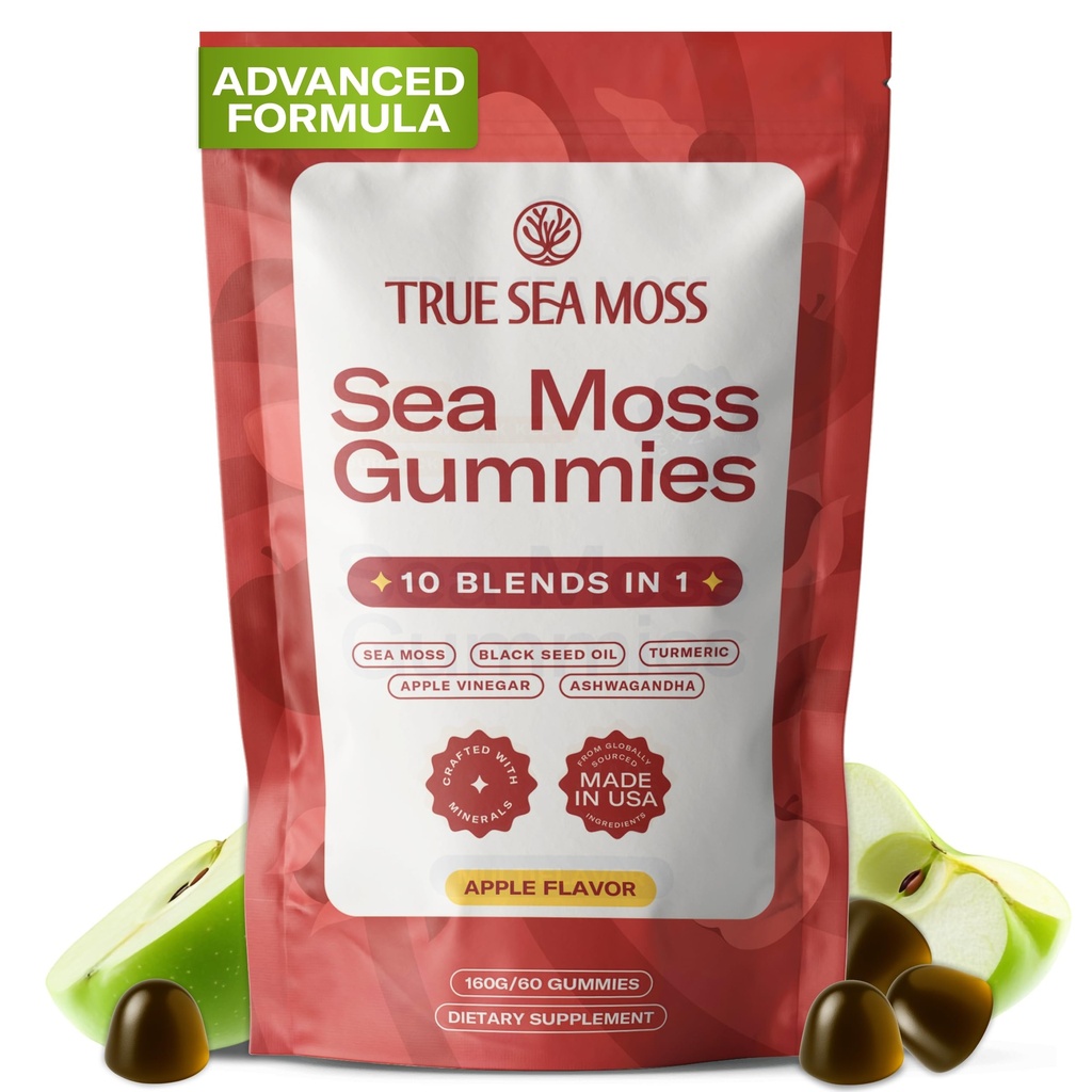TrueSeaMoss Sea Moss & Apple Cider Vinegar Gummies – 10-in-1 Blend with Black Seed Oil, Ashwagandha, Turmeric, Burdock Root & Bladderwrack – 60 Gummies