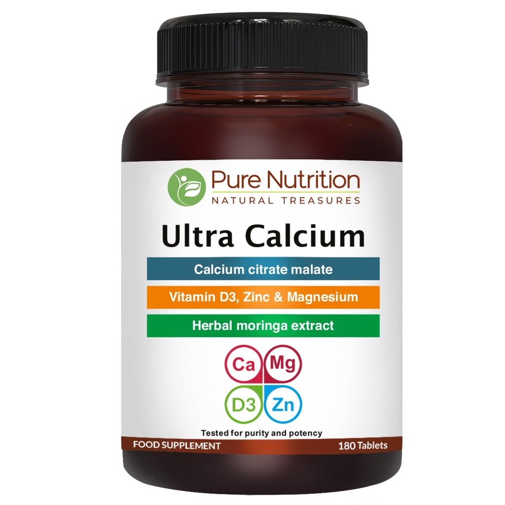 Pure Nutrition Ultra Calcium Citrate 1000mg Highly absorbable Calcium Supplement with Calcium Citrate Malate, Vitamin D, Zinc and Magnesium - 1 Tablet Daily (180 Veg Tabs) Non-GMO | Gluten-Free