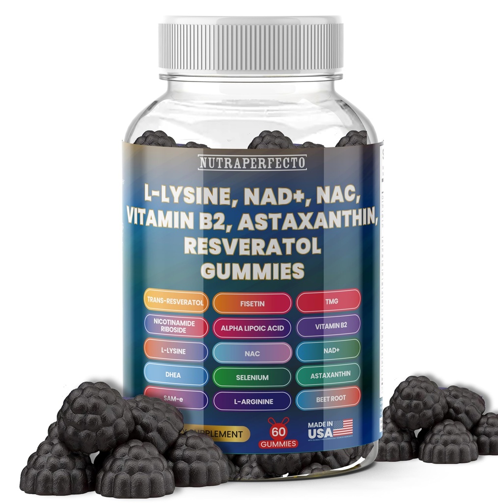 Sugar Free Gummies with Trans-Resveratrol, L-Lysine, L-Arginine, Fisetin, NR, NAD+, ALA, TMG, Beet Root, Astaxanthin, SAM-e, DHEA, Vitamin B2 For Men, Women, Detox, Energy, Metabolism, Aging, Joints