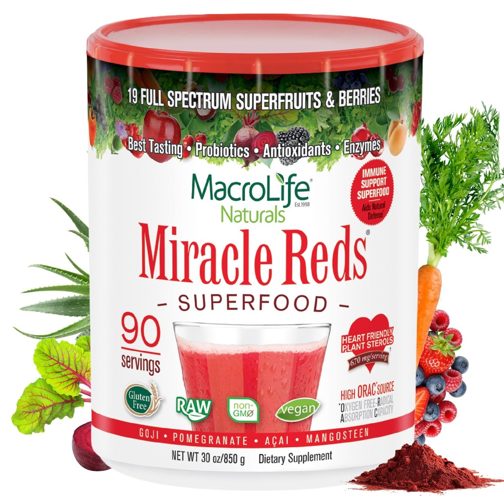 MacroLife Naturals Miracle Reds Superfood Supplement Powder Antioxidants Polyfenolen Enzymes Probiotica - Raw Non-GMO Biologische Vegan Gluten & Dairy Free - 30oz (90 porties) 30oz